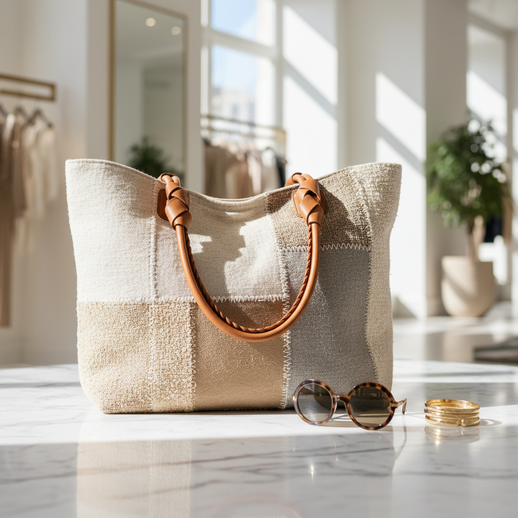 Trendy textured patchwork tote bag in neutral colors