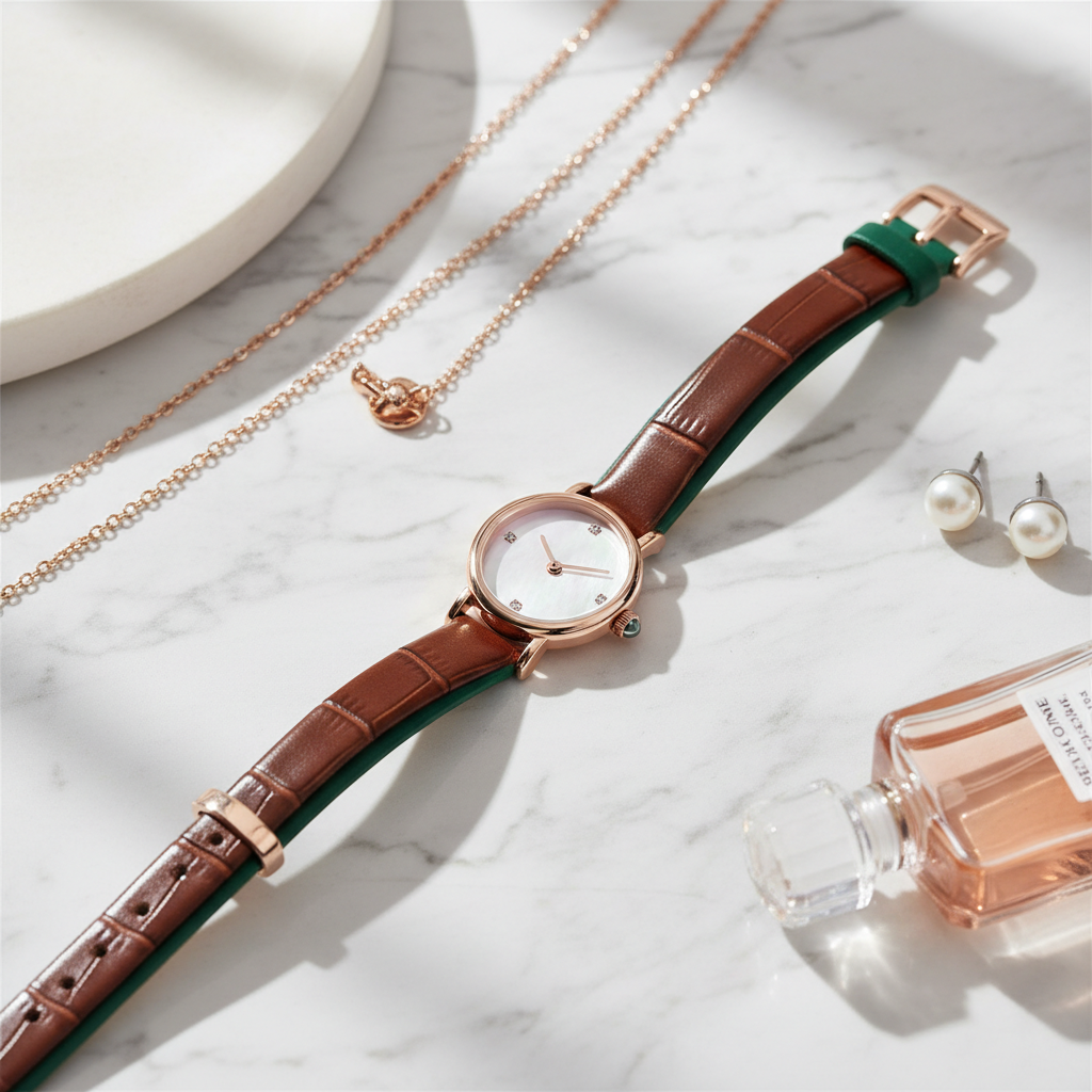 Women's leather strap watch with small dial in coffee rose and green colors