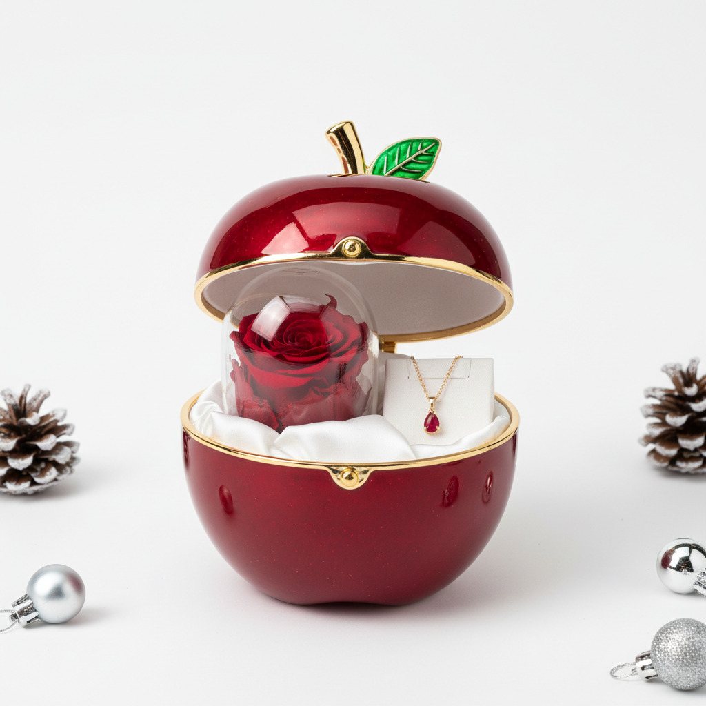 Red apple jewelry gift box with eternal rose and necklace